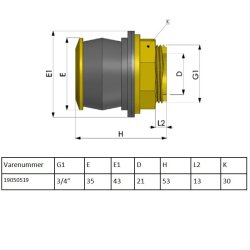 Push-in tank gennemf�ring i messing. NBR pakning. 3/4" Udv. gevind